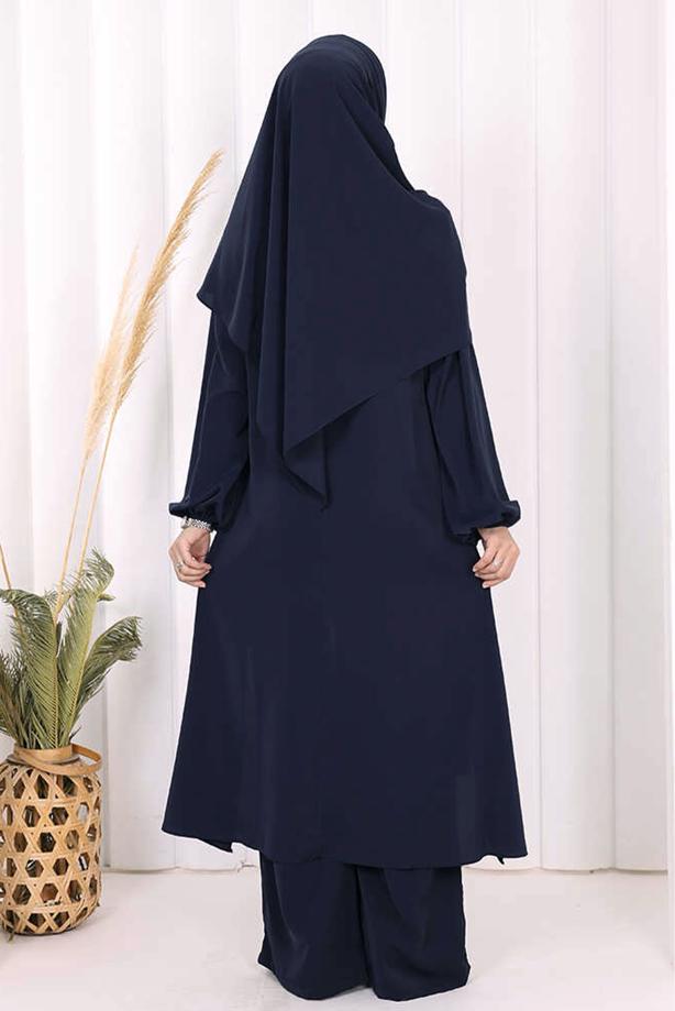 Hijab clothing NAVY BLUE SHAWL DETAILED ASYMMETRIC CUT PANTSUIT T 3008 - TRENDTESETTÜR