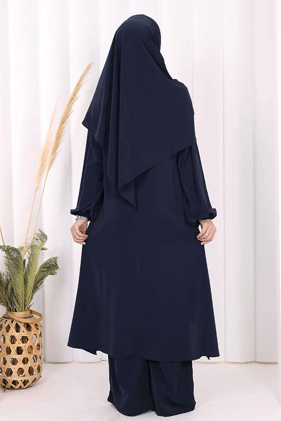 Hijab clothing NAVY BLUE SHAWL DETAILED ASYMMETRIC CUT PANTSUIT T 3008