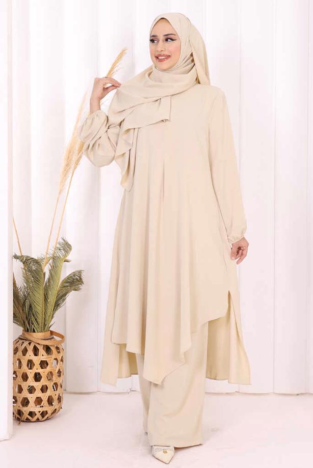 Hijab clothing BEIGE SHAWL DETAILED ASYMMETRIC CUT PANTSUIT T 3008 - TRENDTESETTÜR