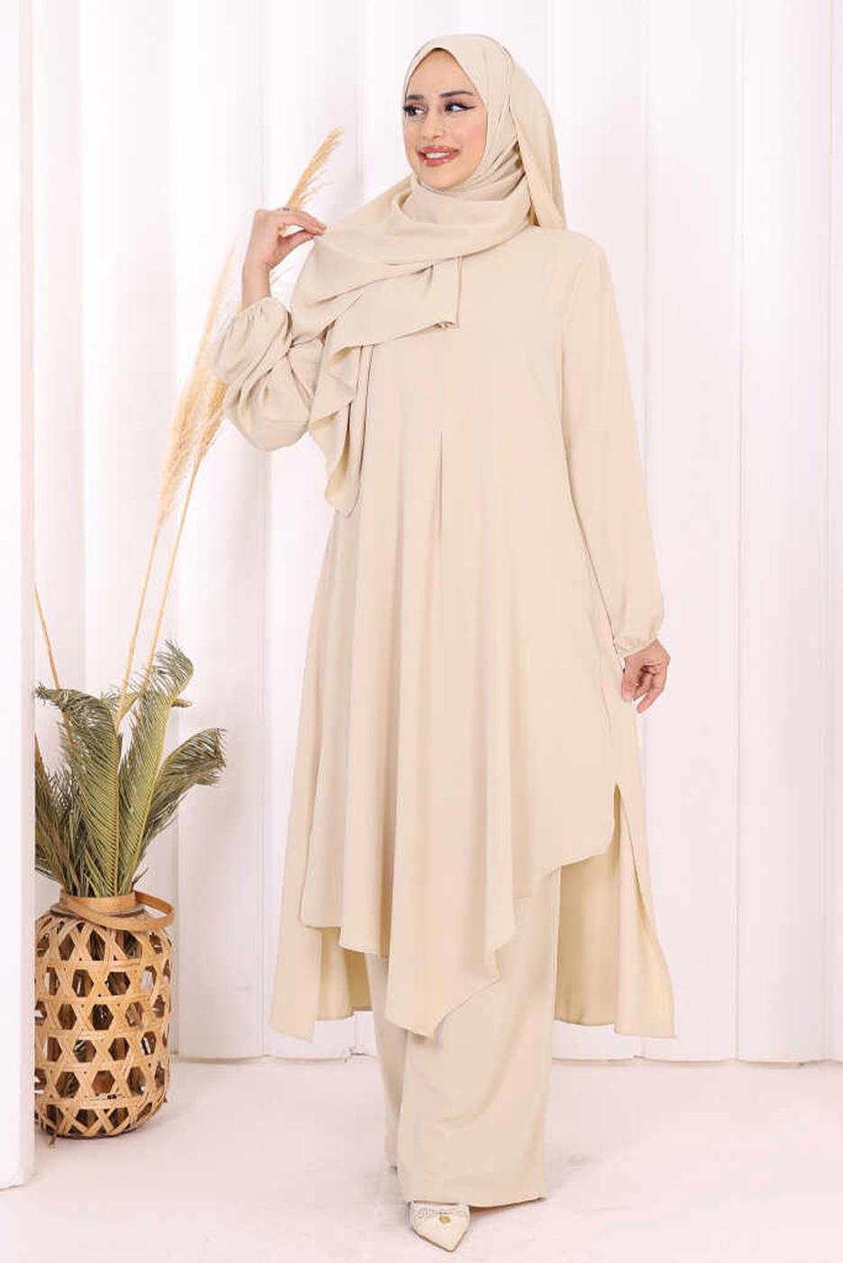 Hijab clothing BEIGE SHAWL DETAILED ASYMMETRIC CUT PANTSUIT T 3008