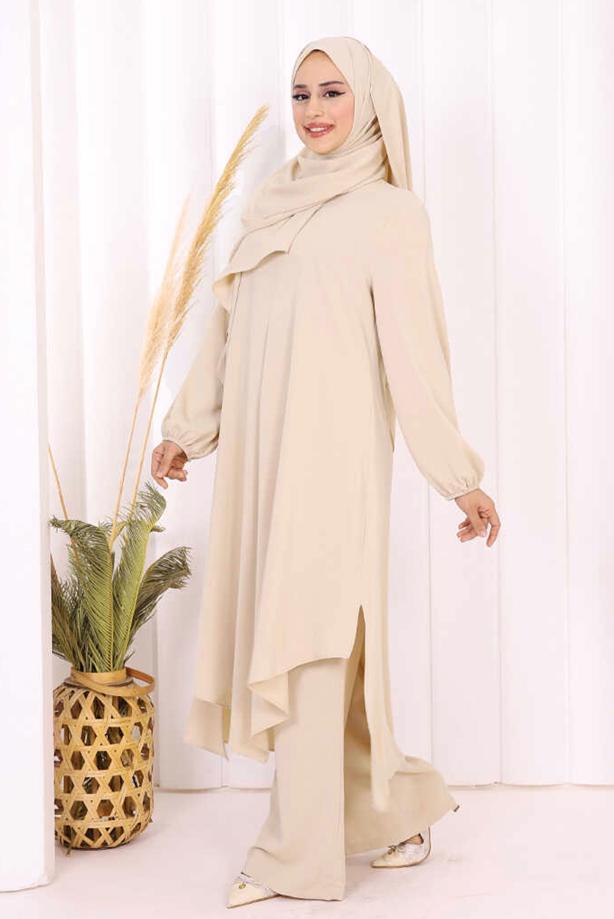 Hijab clothing BEIGE SHAWL DETAILED ASYMMETRIC CUT PANTSUIT T 3008 - TRENDTESETTÜR