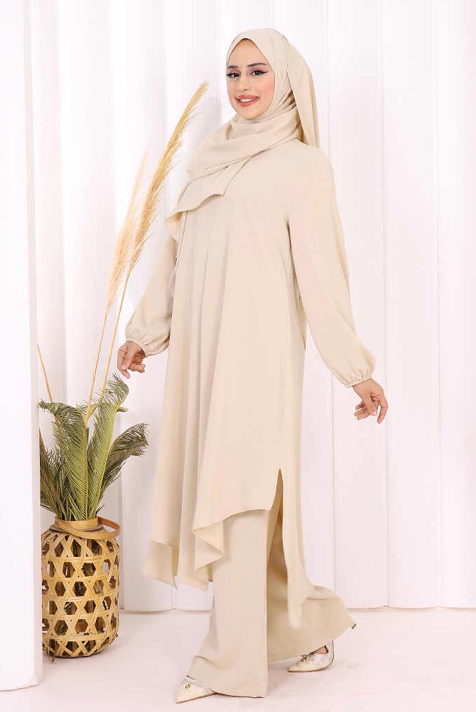 Hijab clothing BEIGE SHAWL DETAILED ASYMMETRIC CUT PANTSUIT T 3008