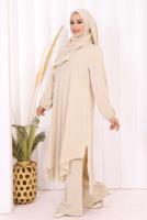 Hijab clothing BEIGE SHAWL DETAILED ASYMMETRIC CUT PANTSUIT T 3008