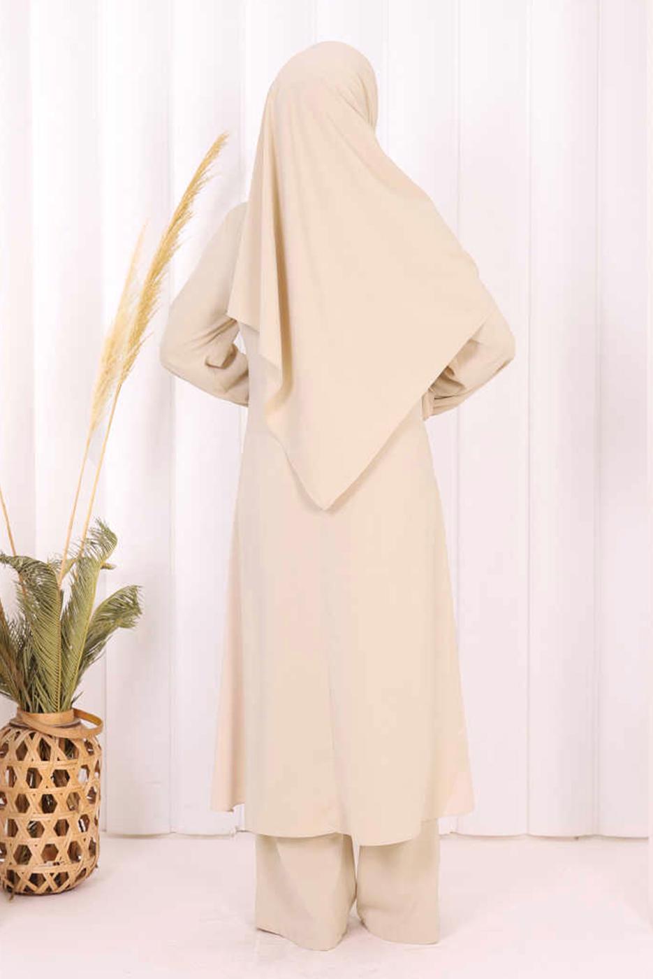 Hijab clothing BEIGE SHAWL DETAILED ASYMMETRIC CUT PANTSUIT T 3008