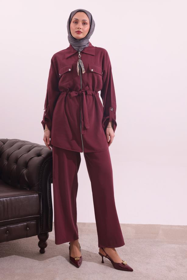 Tesettür giyim BORDO FULARLI MODAL TAKIM T 3027 - TRENDTESETTÜR