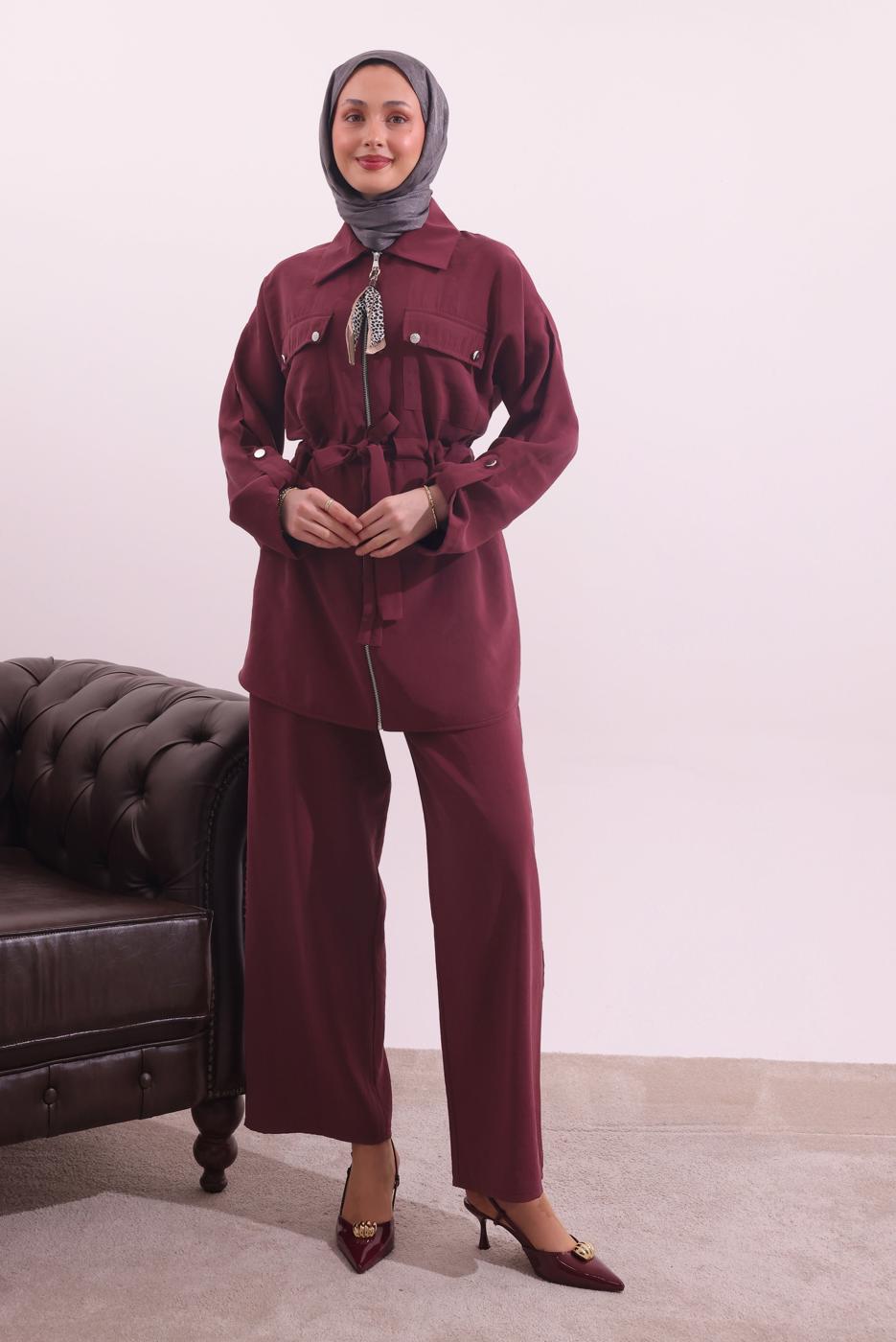 Tesettür giyim BORDO FULARLI MODAL TAKIM T 3027