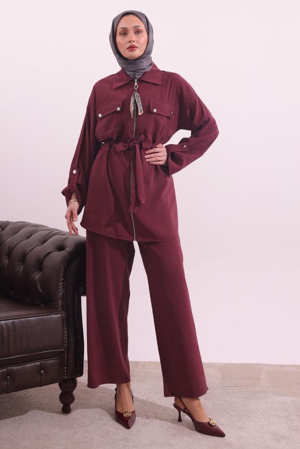 Tesettür giyim BORDO FULARLI MODAL TAKIM T 3027 - TRENDTESETTÜR