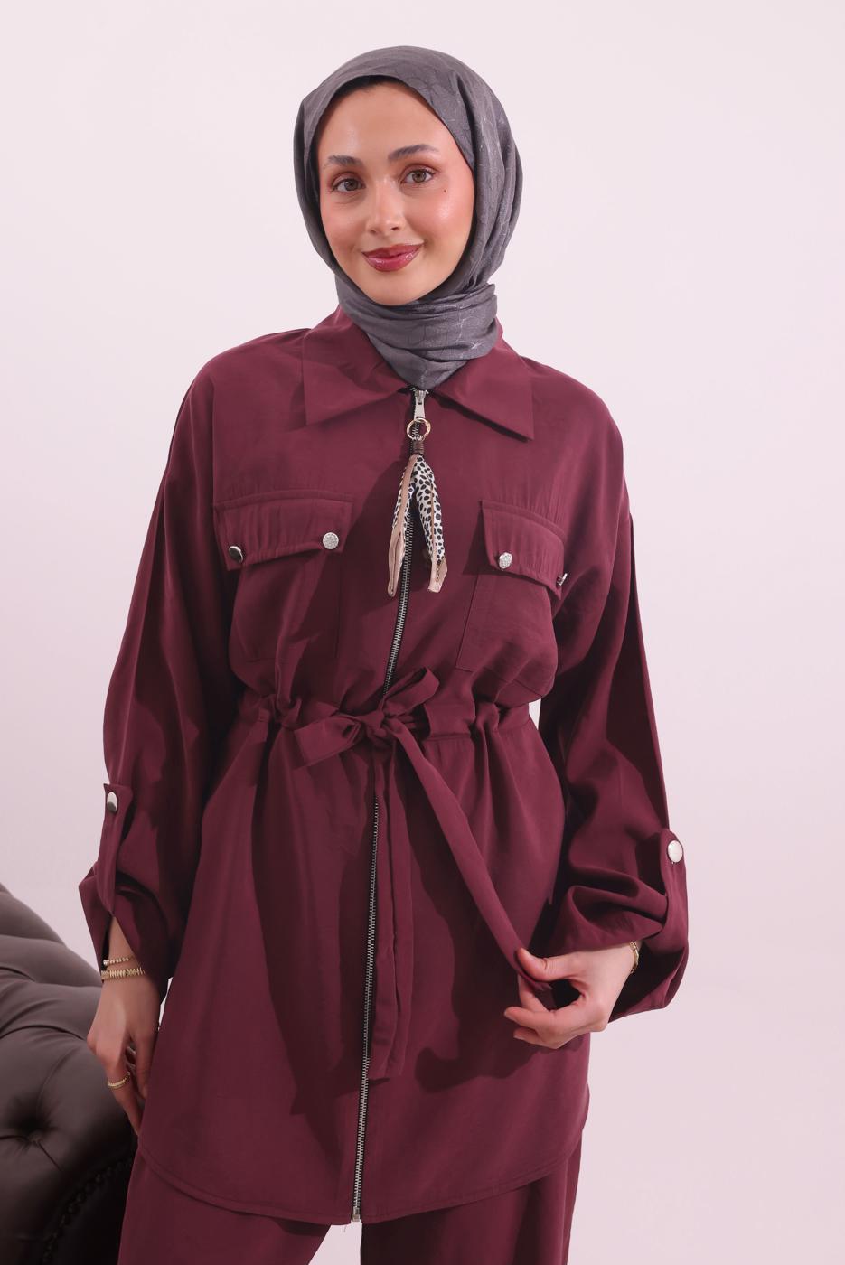 Tesettür giyim BORDO FULARLI MODAL TAKIM T 3027