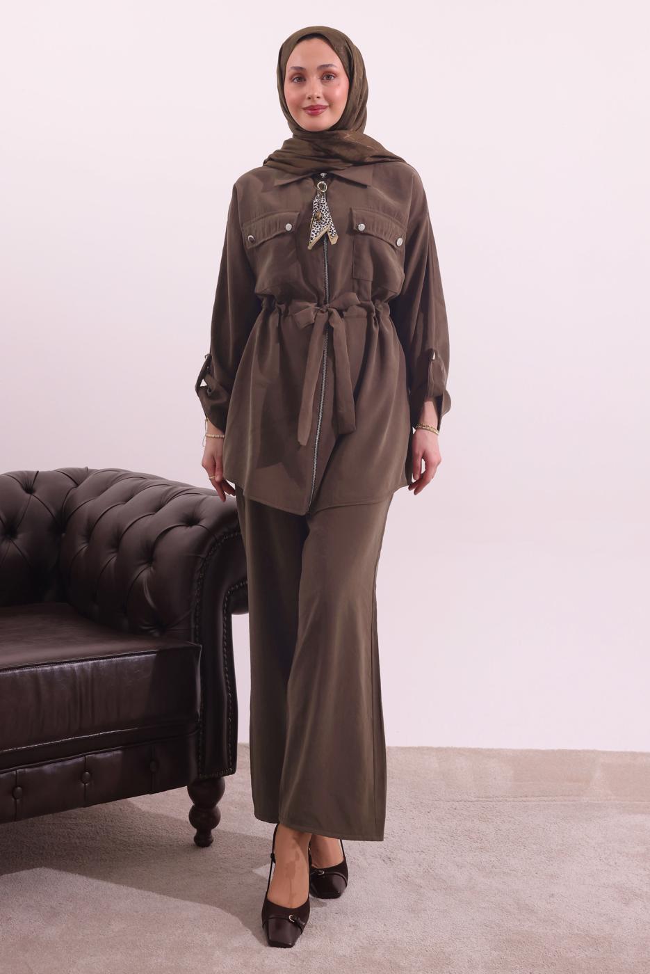 Tesettür giyim KAHVE FULARLI MODAL TAKIM T 3027