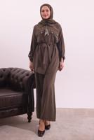 Tesettür giyim KAHVE FULARLI MODAL TAKIM T 3027