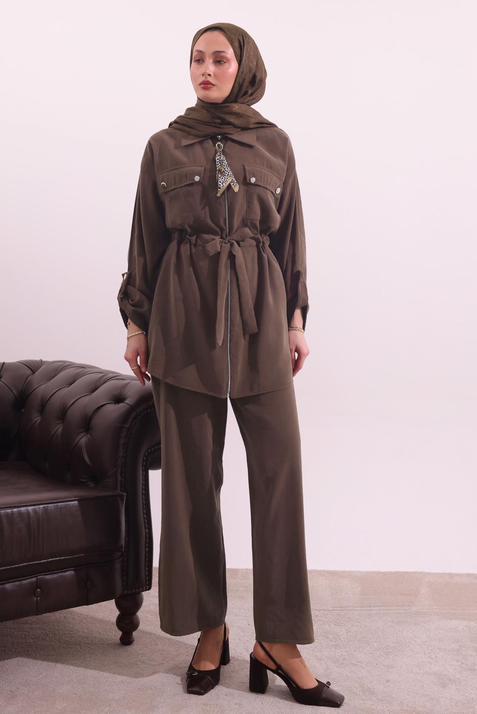 Tesettür giyim KAHVE FULARLI MODAL TAKIM T 3027