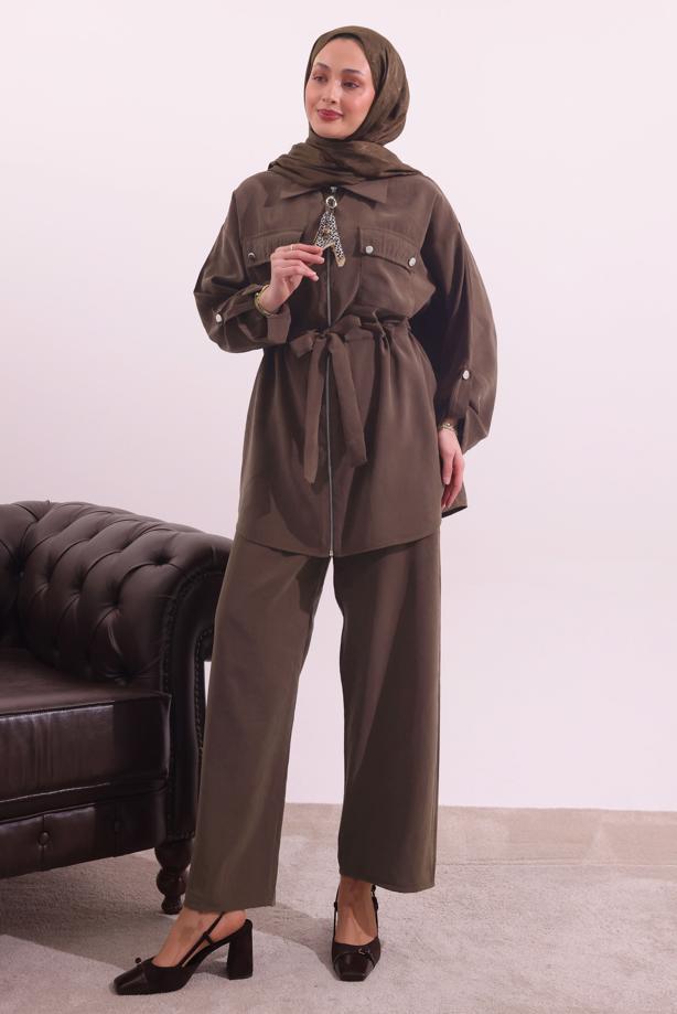 Tesettür giyim KAHVE FULARLI MODAL TAKIM T 3027 - TRENDTESETTÜR