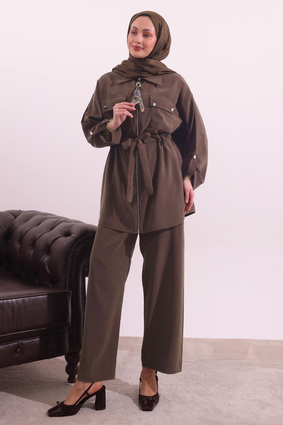 Tesettür giyim KAHVE FULARLI MODAL TAKIM T 3027