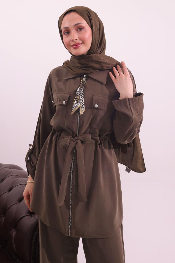 Tesettür giyim KAHVE FULARLI MODAL TAKIM T 3027 - TRENDTESETTÜR