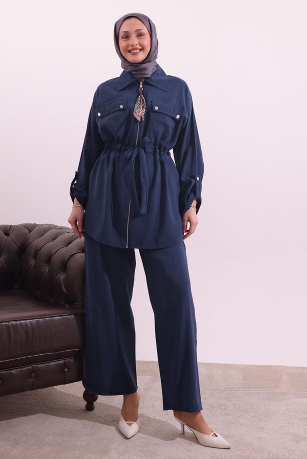 Tesettür giyim LACİVERT FULARLI MODAL TAKIM T 3027 - TRENDTESETTÜR