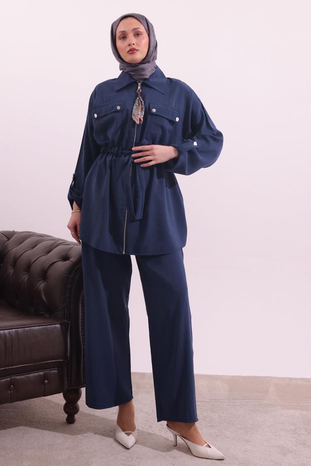 Tesettür giyim LACİVERT FULARLI MODAL TAKIM T 3027 - TRENDTESETTÜR