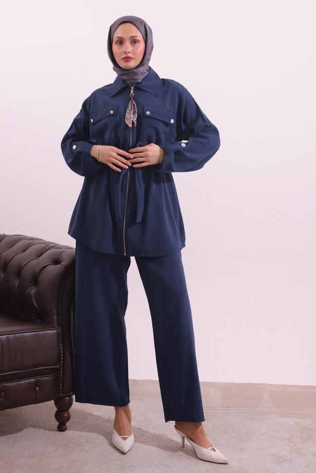 Tesettür giyim LACİVERT FULARLI MODAL TAKIM T 3027 - TRENDTESETTÜR
