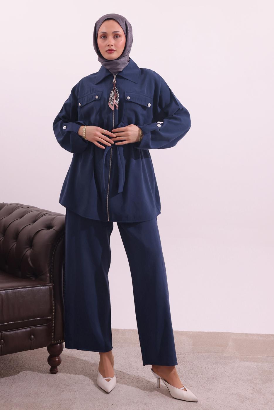 Tesettür giyim LACİVERT FULARLI MODAL TAKIM T 3027