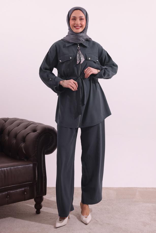 Tesettür giyim GRİ FULARLI MODAL TAKIM T 3027 - TRENDTESETTÜR