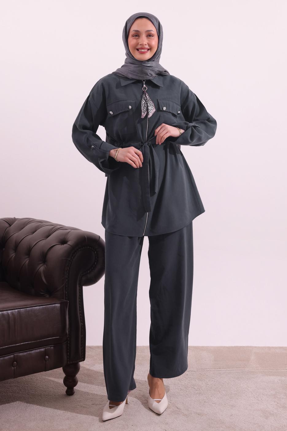 Tesettür giyim GRİ FULARLI MODAL TAKIM T 3027