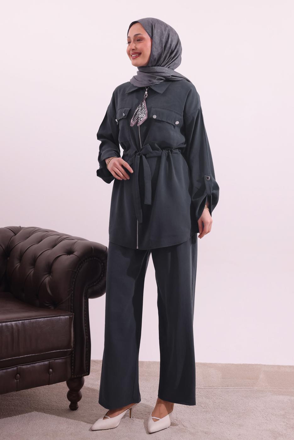 Tesettür giyim GRİ FULARLI MODAL TAKIM T 3027