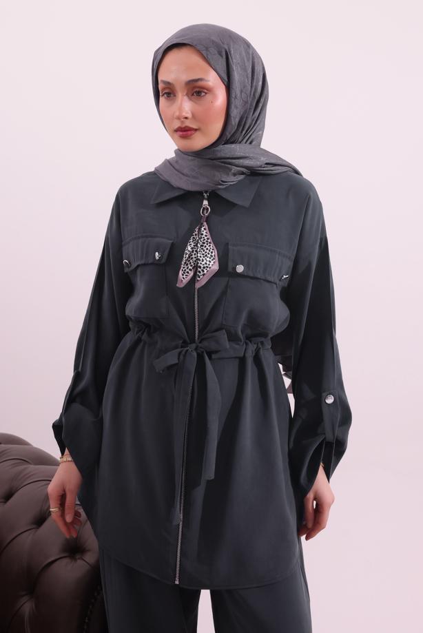 Tesettür giyim GRİ FULARLI MODAL TAKIM T 3027 - TRENDTESETTÜR