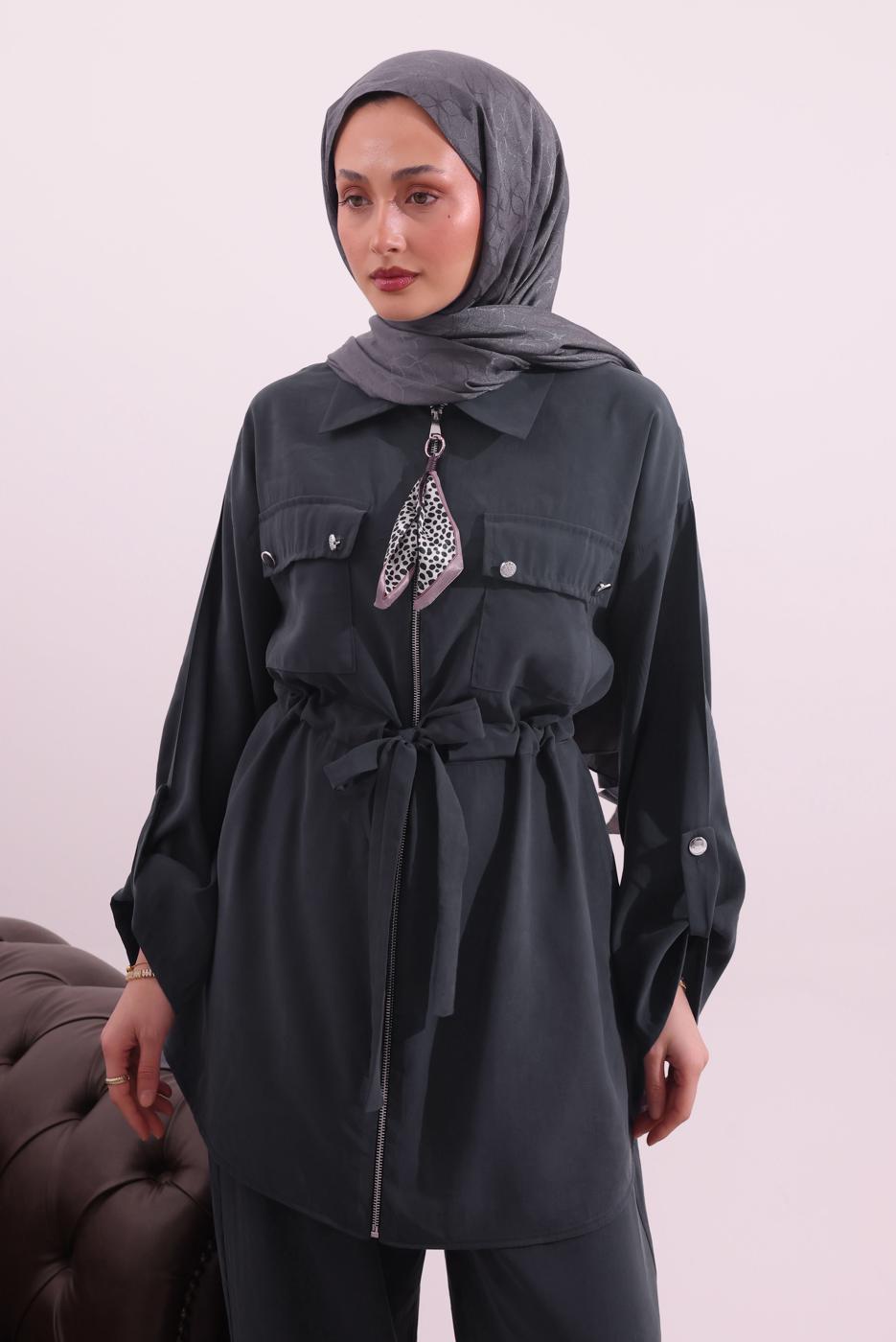 Tesettür giyim GRİ FULARLI MODAL TAKIM T 3027