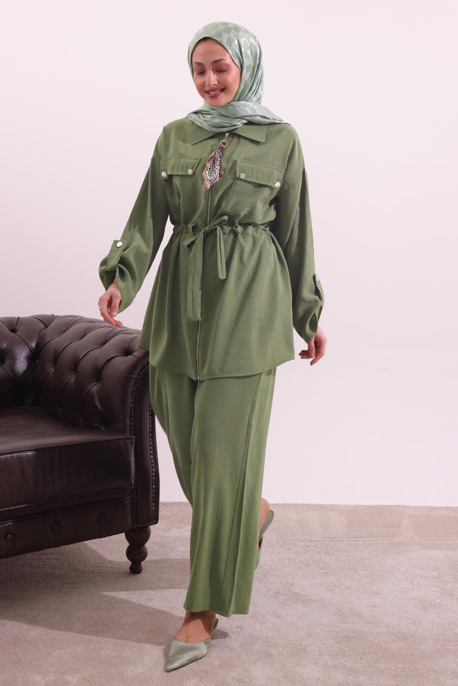 Tesettür giyim YEŞİL FULARLI MODAL TAKIM T 3027