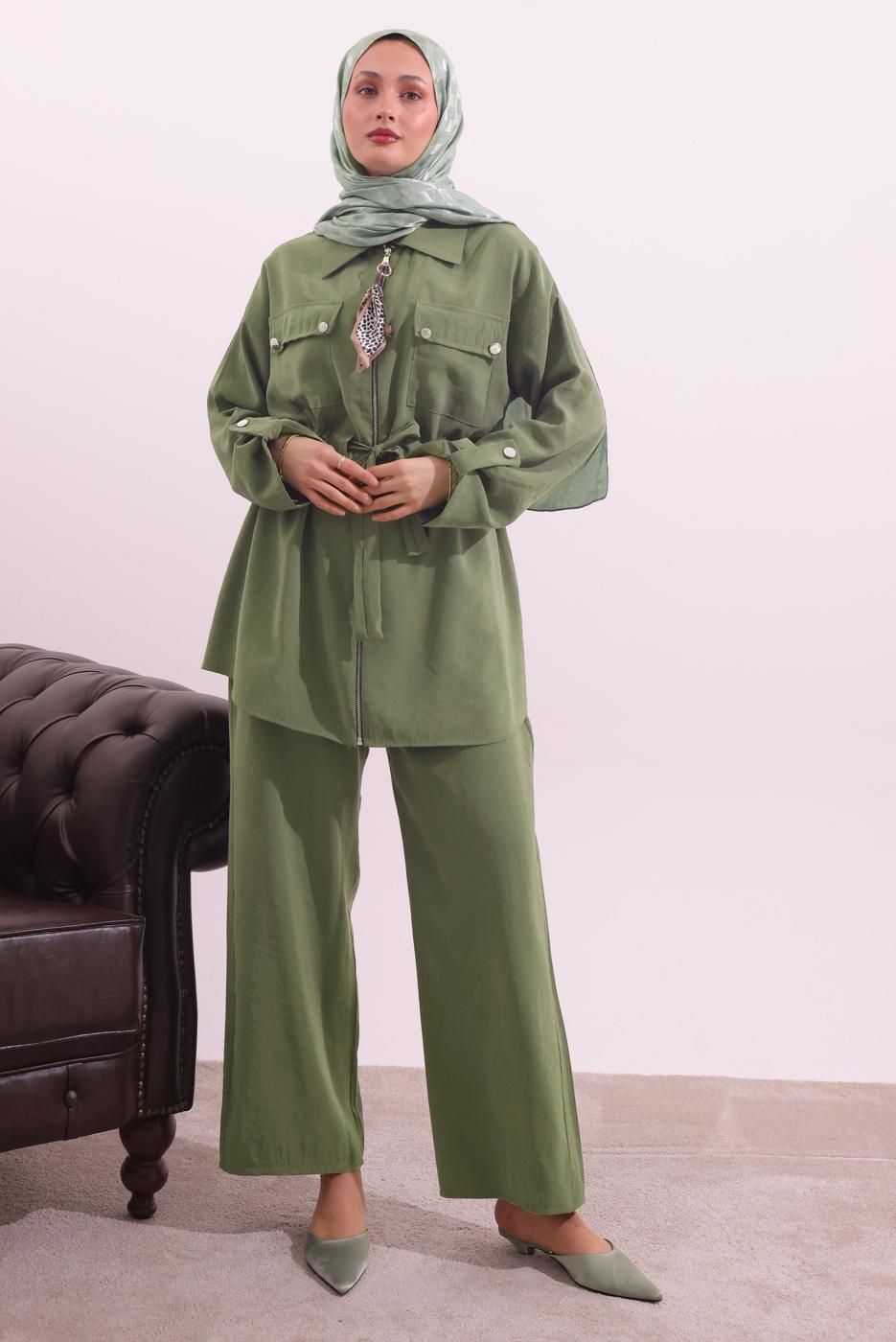 Tesettür giyim YEŞİL FULARLI MODAL TAKIM T 3027