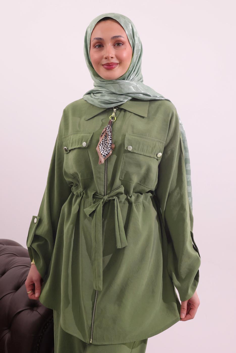 Tesettür giyim YEŞİL FULARLI MODAL TAKIM T 3027