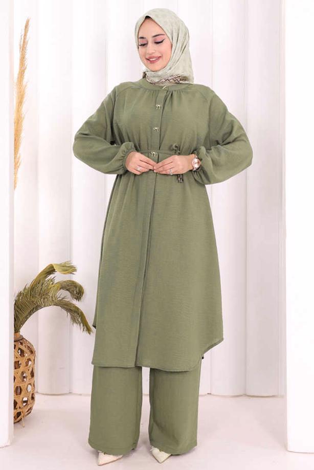Hijab clothing KHAKI TIED LINEN PANTSUIT T 3108 - TRENDTESETTÜR