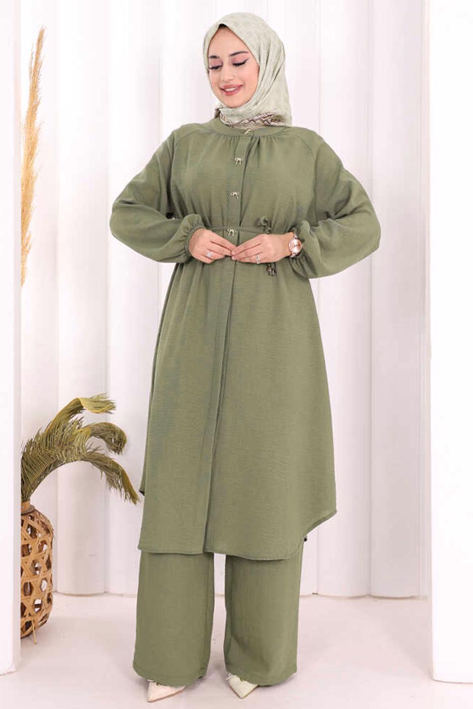 Hijab clothing KHAKI TIED LINEN PANTSUIT T 3108