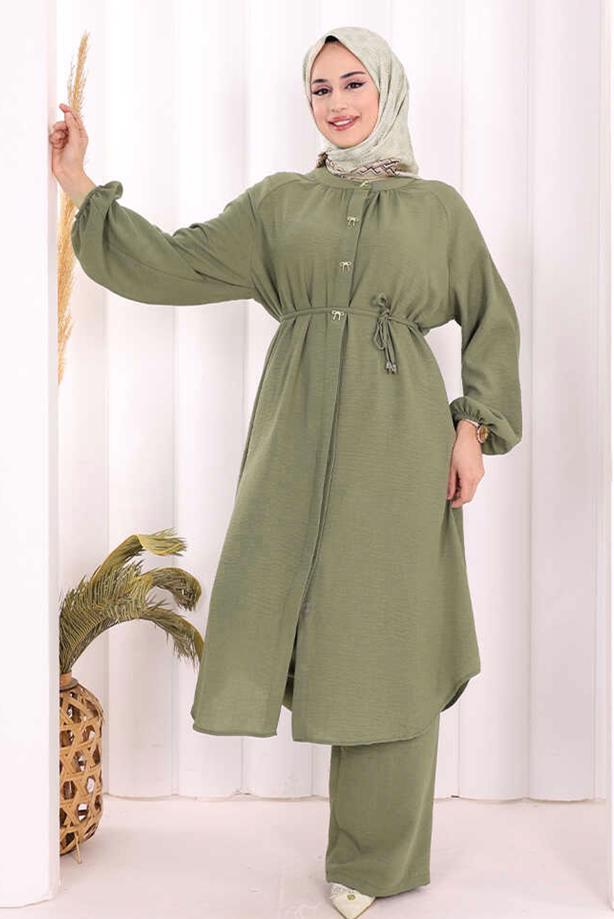 Hijab clothing KHAKI TIED LINEN PANTSUIT T 3108 - TRENDTESETTÜR
