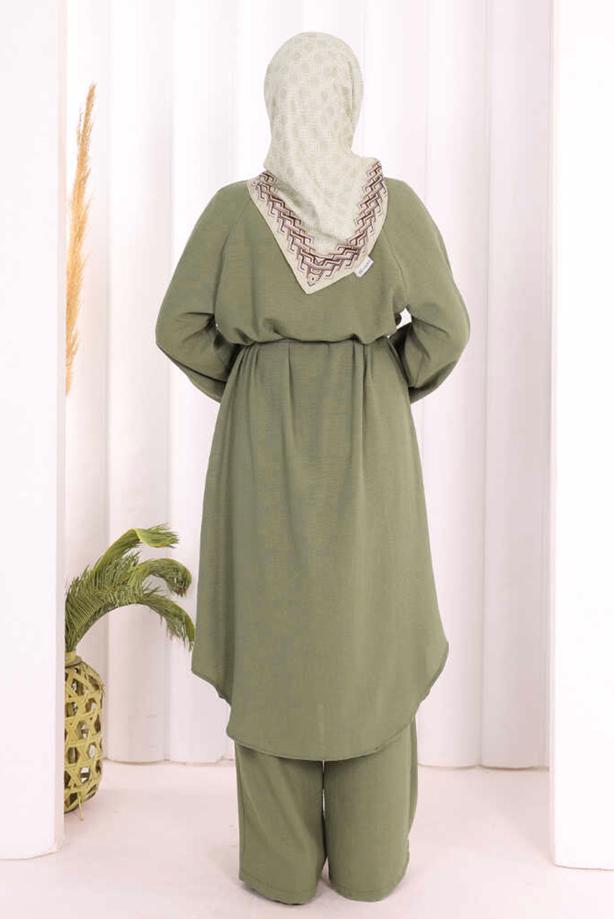 Hijab clothing KHAKI TIED LINEN PANTSUIT T 3108 - TRENDTESETTÜR
