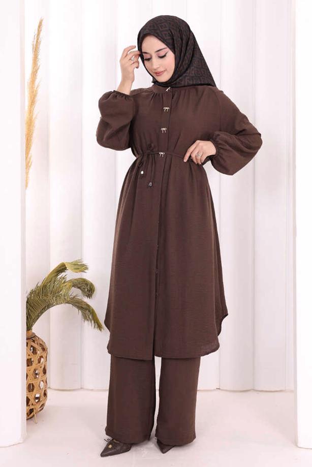 Hijab clothing BROWN TIED LINEN PANTSUIT T 3108 - TRENDTESETTÜR