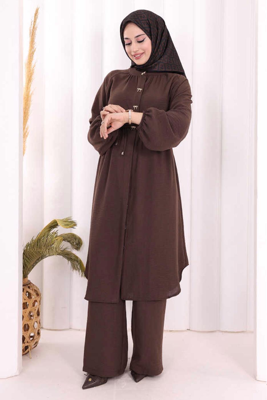 Hijab clothing BROWN TIED LINEN PANTSUIT T 3108