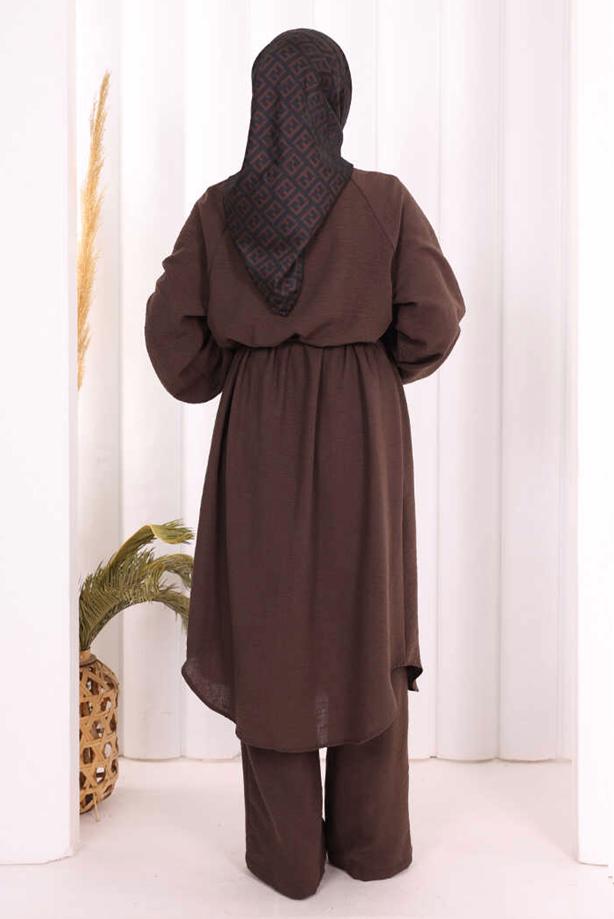 Hijab clothing BROWN TIED LINEN PANTSUIT T 3108 - TRENDTESETTÜR
