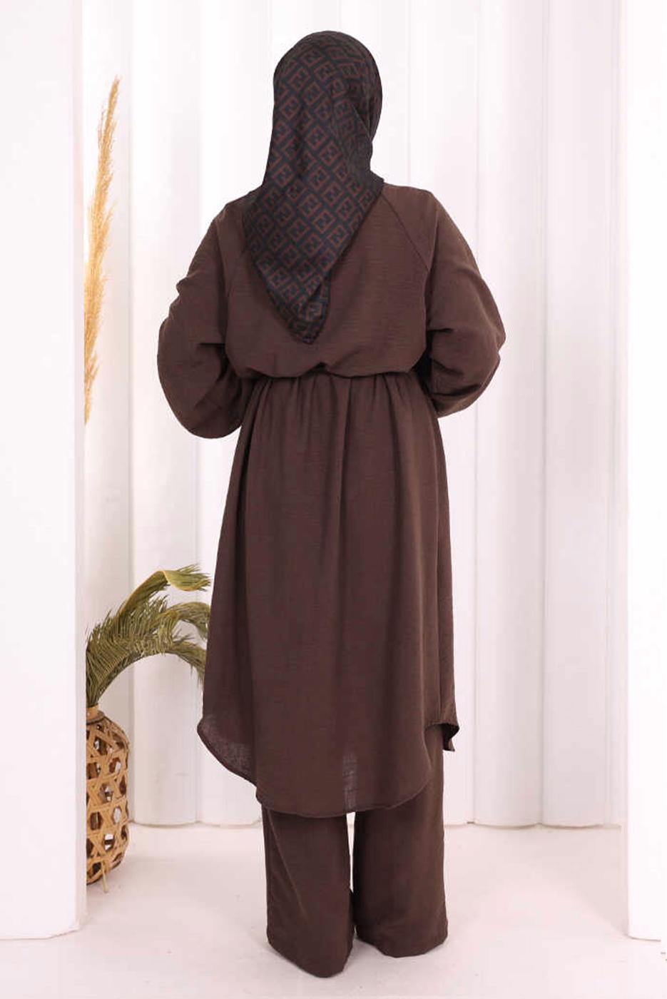 Hijab clothing BROWN TIED LINEN PANTSUIT T 3108