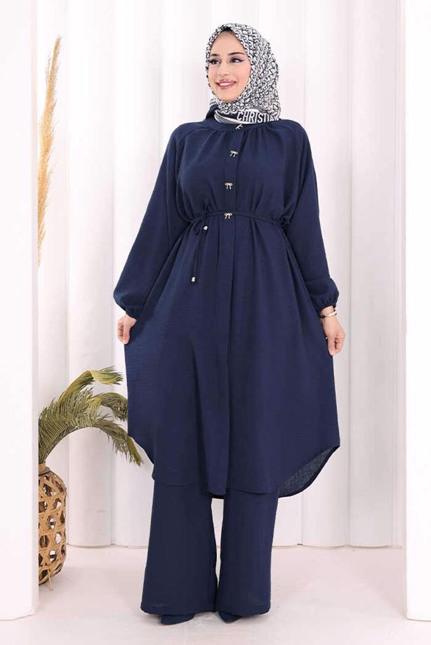 Hijab clothing NAVY BLUE TIED LINEN PANTSUIT T 3108 - TRENDTESETTÜR