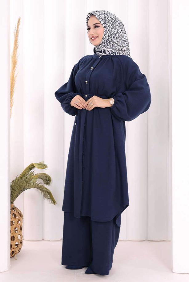 Hijab clothing NAVY BLUE TIED LINEN PANTSUIT T 3108 - TRENDTESETTÜR