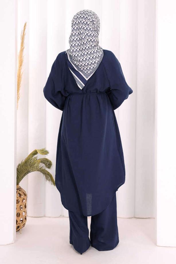 Hijab clothing NAVY BLUE TIED LINEN PANTSUIT T 3108 - TRENDTESETTÜR