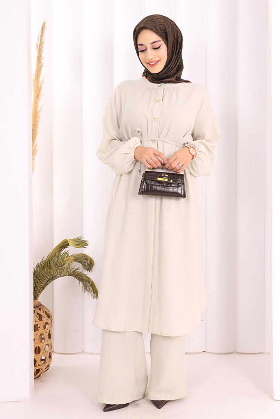 Hijab clothing BEIGE TIED LINEN PANTSUIT T 3108