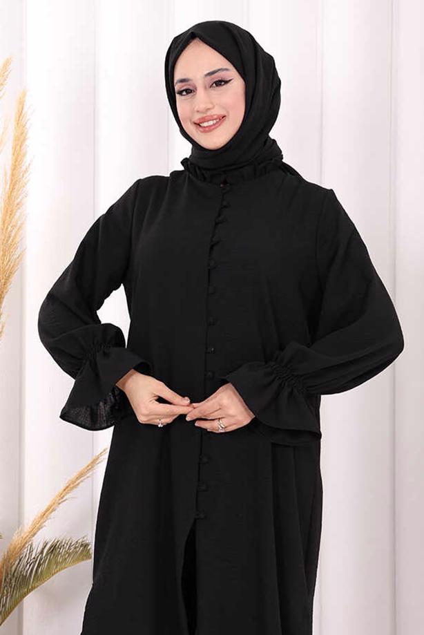 Tesettür giyim SİYAH ŞALLI PANTOLONLU TAKIM T 3208 - TRENDTESETTÜR