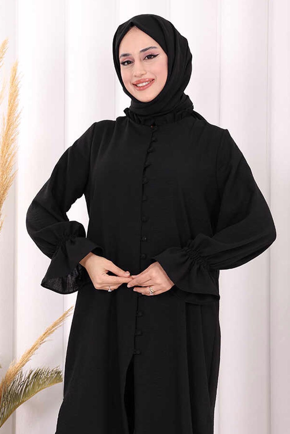 Tesettür giyim SİYAH ŞALLI PANTOLONLU TAKIM T 3208