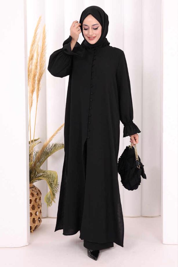 Tesettür giyim SİYAH ŞALLI PANTOLONLU TAKIM T 3208 - TRENDTESETTÜR