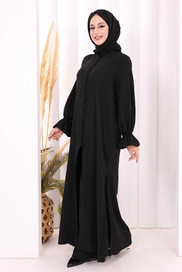 Tesettür giyim SİYAH ŞALLI PANTOLONLU TAKIM T 3208 - TRENDTESETTÜR
