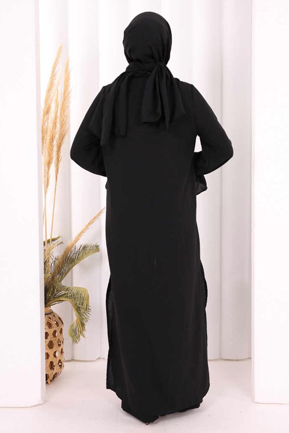 Tesettür giyim SİYAH ŞALLI PANTOLONLU TAKIM T 3208