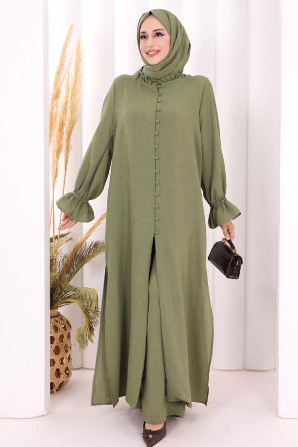 Tesettür giyim HAKİ ŞALLI PANTOLONLU TAKIM T 3208 - TRENDTESETTÜR