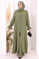 Tesettür giyim HAKİ ŞALLI PANTOLONLU TAKIM T 3208