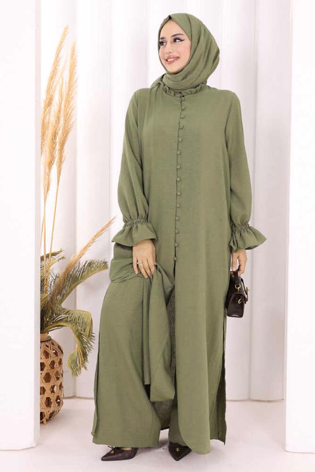 Tesettür giyim HAKİ ŞALLI PANTOLONLU TAKIM T 3208 - TRENDTESETTÜR